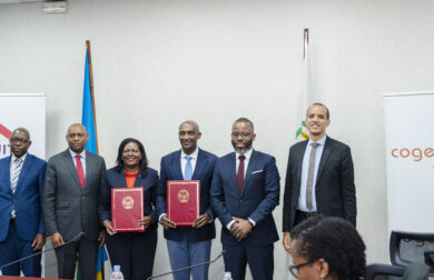 Sanlam Vie Plc CFO Musoni Celestin, Equity Bank Rwanda MD Hannington Namara, Equity Group executive director Mary Wangari Wamae, Hon Richard Tushabe, Minister of State in charge of National Treasury, Cogebanque CEO Guillaume Habarugira and Rwanda Social Security Board chief investment officer Philippe Watrin, during the completion of the acquisition of Cogebanque in Kigali, Rwanda /HANDOUT