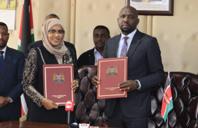 Roads and Transport Cabinet secretary Kipchumba Murkomen with his Somalia counterpart Fardowsa Osman Egal when they signed the Bilateral Air Services Agreement (BASA) at Transcom house on August 9, 2023